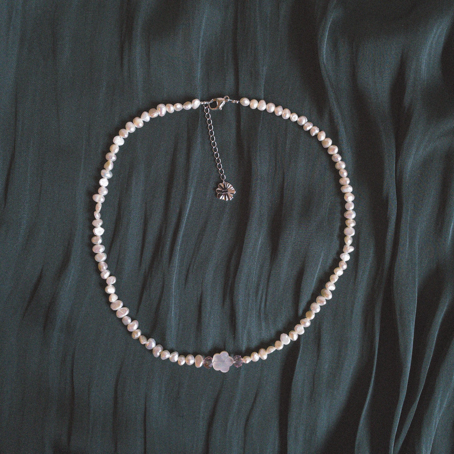 Necklace with baroque freshwater pearls, pink crystal and pearly flowers