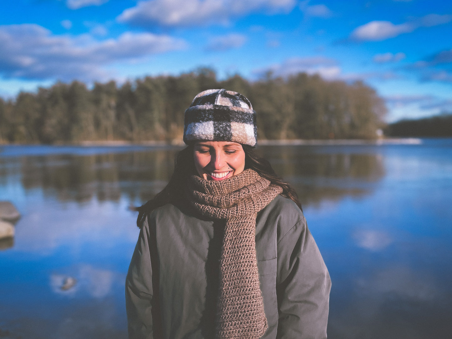 Cream/beige/charcoal checkered curled beanie 